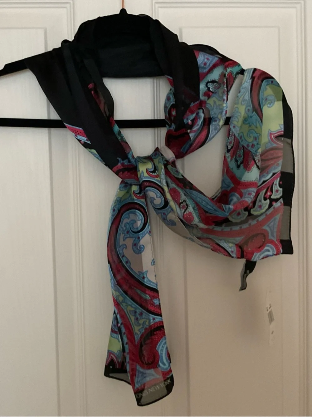 Jones New York Paisley Silk-Feel Scarf in Black, Blue, Red & Grey